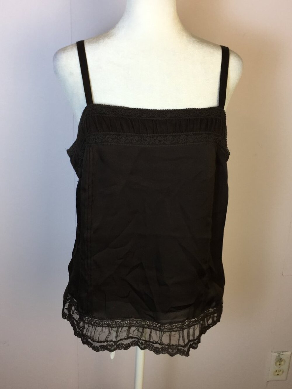 Ann Taylor Loft Vintage Y2K Camisole Tank Top Size 8 Womans Brown Lace Mesh Trim